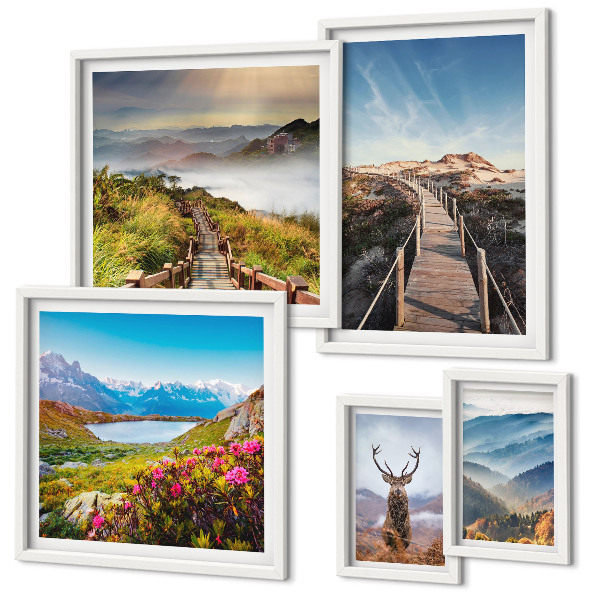 Ensemble de 5 tableaux Paysages de montagnes et de forêts sauvages