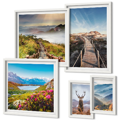 Ensemble de 5 tableaux Paysages de montagnes et de forêts sauvages
