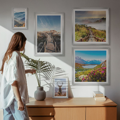 Ensemble de 5 tableaux Paysages de montagnes et de forêts sauvages