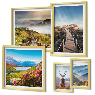Ensemble de 5 tableaux Paysages de montagnes et de forêts sauvages