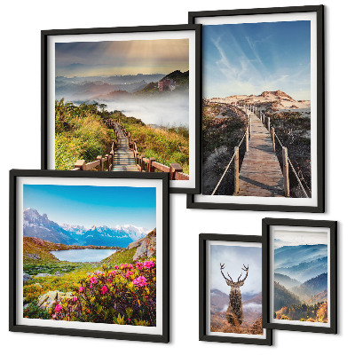 Ensemble de 5 tableaux Paysages de montagnes et de forêts sauvages