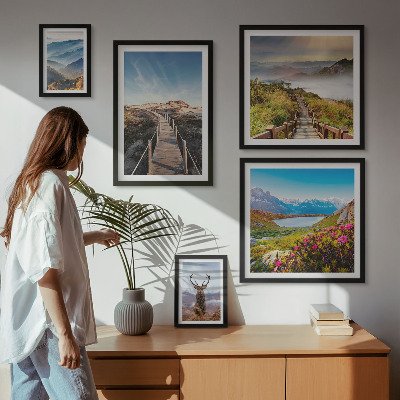 Ensemble de 5 tableaux Paysages de montagnes et de forêts sauvages