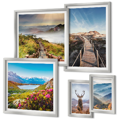 Ensemble de 5 tableaux Paysages de montagnes et de forêts sauvages