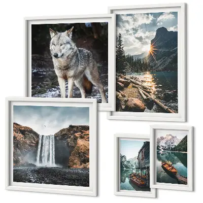 Ensemble de 5 tableaux représentant des paysages de nature et de la faune