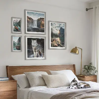 Ensemble de 5 tableaux représentant des paysages de nature et de la faune
