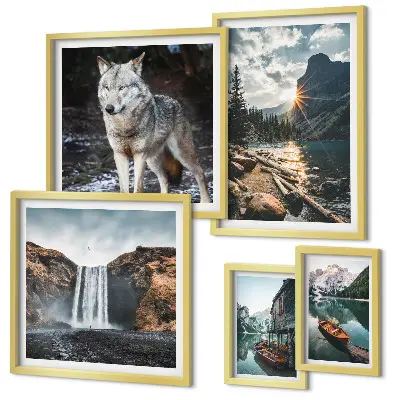 Ensemble de 5 tableaux représentant des paysages de nature et de la faune