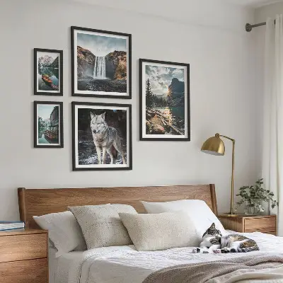 Ensemble de 5 tableaux représentant des paysages de nature et de la faune