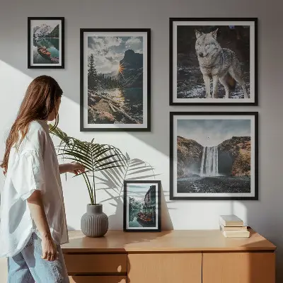 Ensemble de 5 tableaux représentant des paysages de nature et de la faune