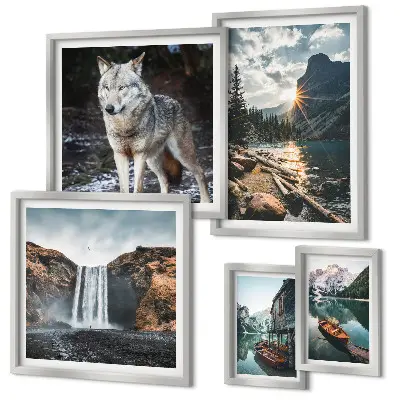 Ensemble de 5 tableaux représentant des paysages de nature et de la faune