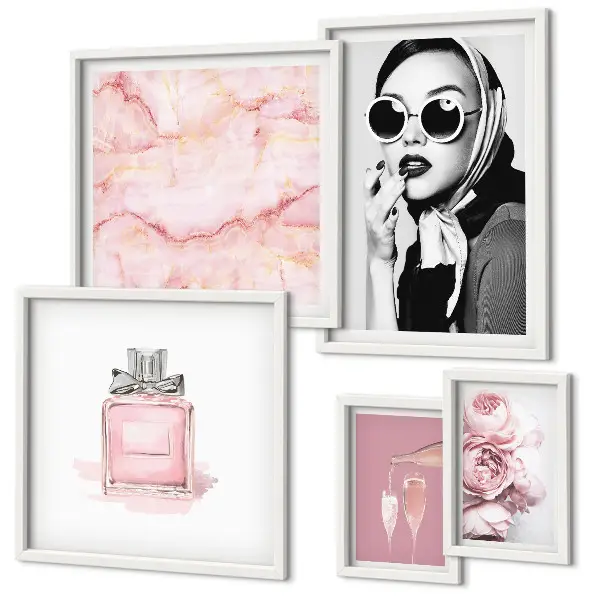 Lot de tableaux encadrés avec des touches élégantes de rose
