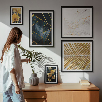 Lot de tableaux encadrés Feuilles stylisées et géométrie