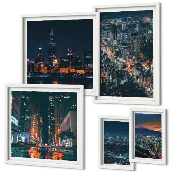 Ensemble de 5 tableaux Vues nocturnes des villes modernes