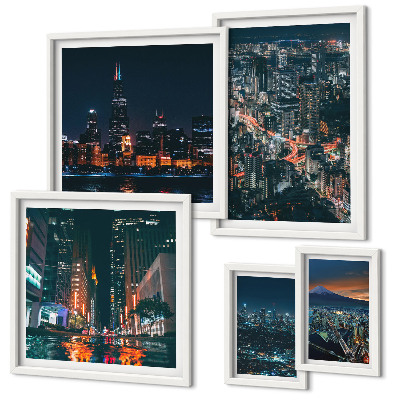 Ensemble de 5 tableaux Vues nocturnes des villes modernes