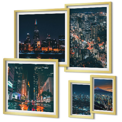 Ensemble de 5 tableaux Vues nocturnes des villes modernes