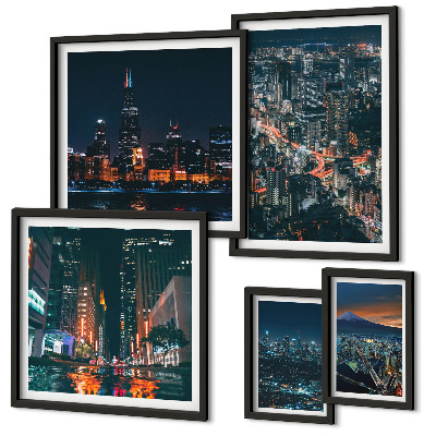 Ensemble de 5 tableaux Vues nocturnes des villes modernes