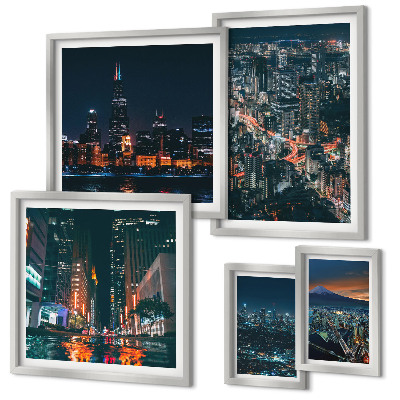 Ensemble de 5 tableaux Vues nocturnes des villes modernes