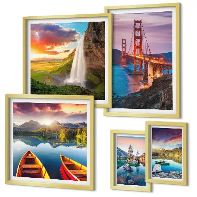 Ensemble de 5 tableaux représentant des paysages de nature et des ponts aux États-Unis