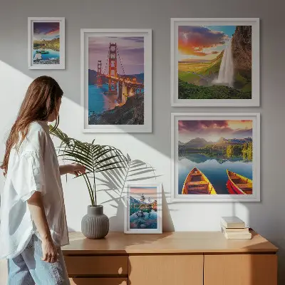 Ensemble de 5 tableaux représentant des paysages de nature et des ponts aux États-Unis