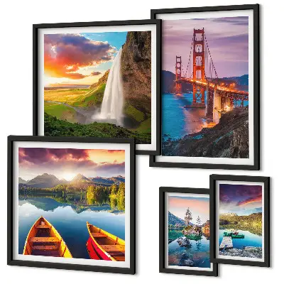 Ensemble de 5 tableaux représentant des paysages de nature et des ponts aux États-Unis