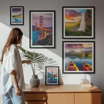 Ensemble de 5 tableaux représentant des paysages de nature et des ponts aux États-Unis