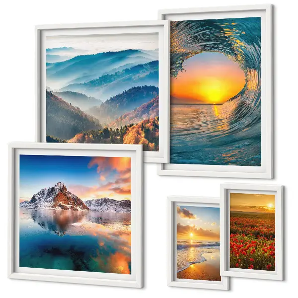 Lot de tableaux encadrés représentant des paysages naturels de mer, de montagnes et de fleurs