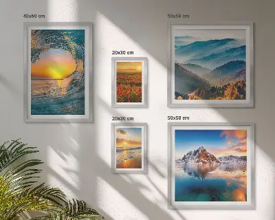 Lot de tableaux encadrés représentant des paysages naturels de mer, de montagnes et de fleurs