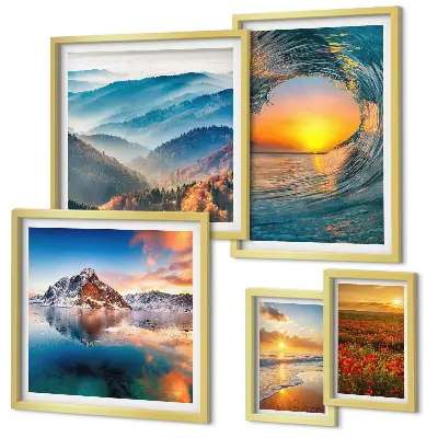 Lot de tableaux encadrés représentant des paysages naturels de mer, de montagnes et de fleurs