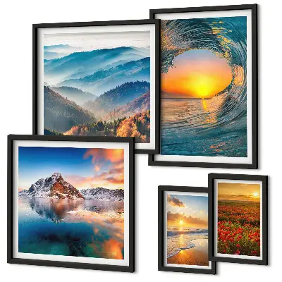 Lot de tableaux encadrés représentant des paysages naturels de mer, de montagnes et de fleurs
