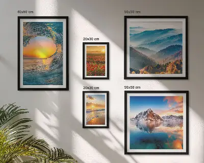 Lot de tableaux encadrés représentant des paysages naturels de mer, de montagnes et de fleurs