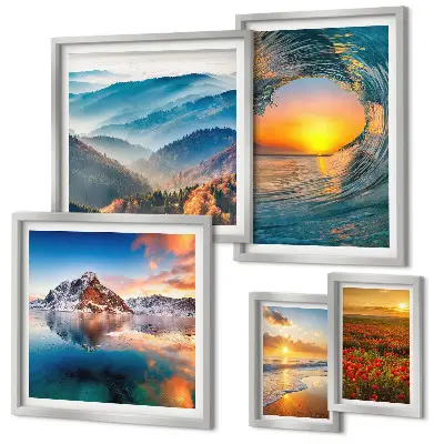 Lot de tableaux encadrés représentant des paysages naturels de mer, de montagnes et de fleurs