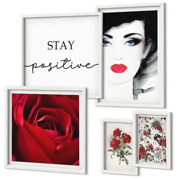 Ensemble de 5 tableaux portraits de femmes et fleurs style vintage