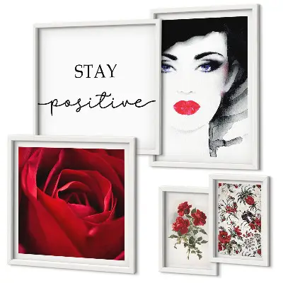 Ensemble de 5 tableaux portraits de femmes et fleurs style vintage
