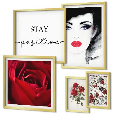 Ensemble de 5 tableaux portraits de femmes et fleurs style vintage