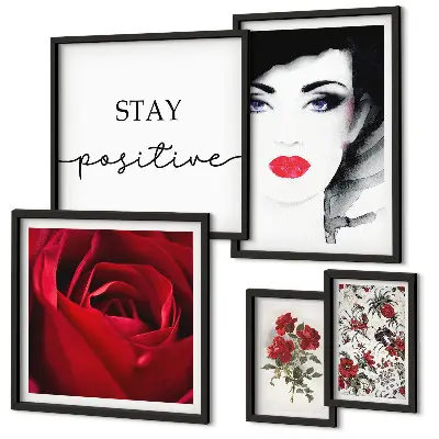 Ensemble de 5 tableaux portraits de femmes et fleurs style vintage