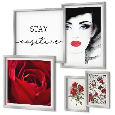 Ensemble de 5 tableaux portraits de femmes et fleurs style vintage