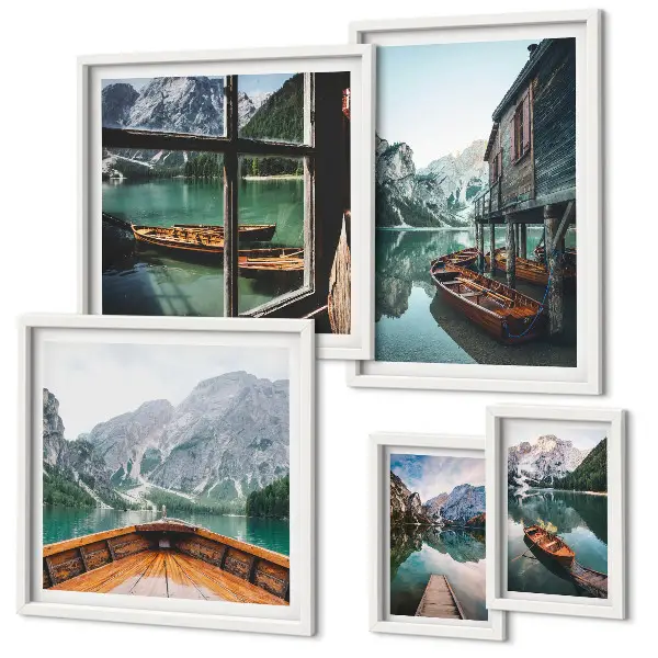 Lot de tableaux encadrés représentant des lacs et paysages de montagne apaisants