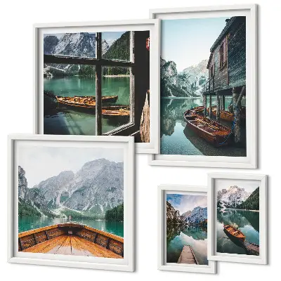Lot de tableaux encadrés représentant des lacs et paysages de montagne apaisants