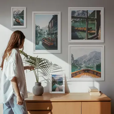 Lot de tableaux encadrés représentant des lacs et paysages de montagne apaisants