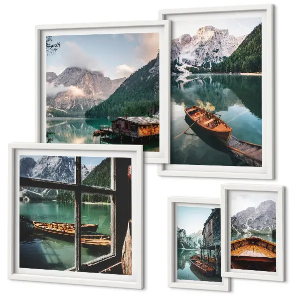 Ensemble de 5 tableaux représentant des lacs, montagnes, bateaux et paysages