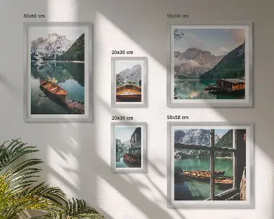 Ensemble de 5 tableaux représentant des lacs, montagnes, bateaux et paysages