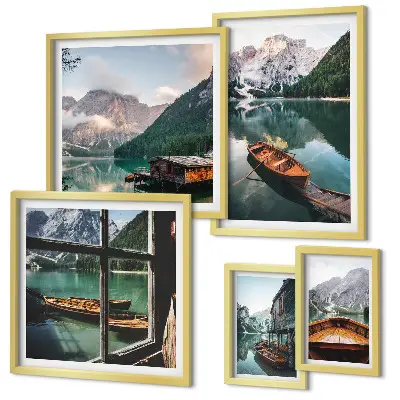 Ensemble de 5 tableaux représentant des lacs, montagnes, bateaux et paysages