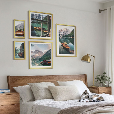 Ensemble de 5 tableaux Lacs, montagnes, bateaux, paysages