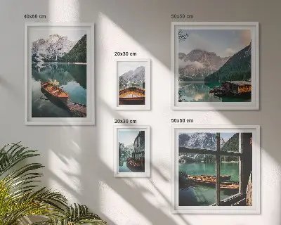 Ensemble de 5 tableaux représentant des lacs, montagnes, bateaux et paysages