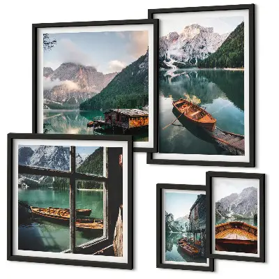 Ensemble de 5 tableaux représentant des lacs, montagnes, bateaux et paysages