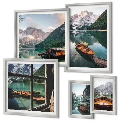 Ensemble de 5 tableaux représentant des lacs, montagnes, bateaux et paysages