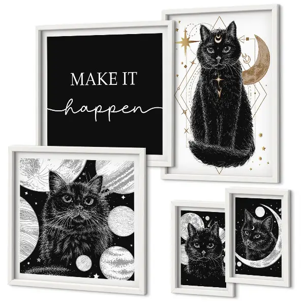 Lot de tableaux encadrés motif chats noirs style bohème