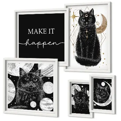 Lot de tableaux encadrés motif chats noirs style bohème