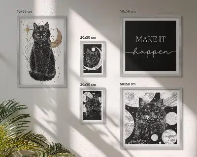 Lot de tableaux encadrés motif chats noirs style bohème