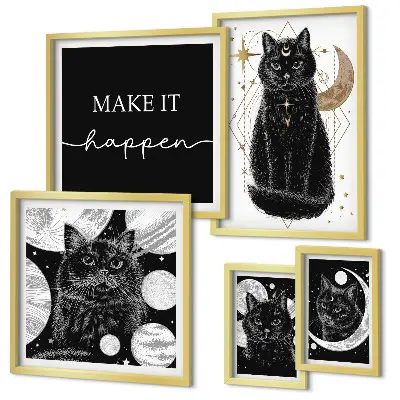 Lot de tableaux encadrés motif chats noirs style bohème