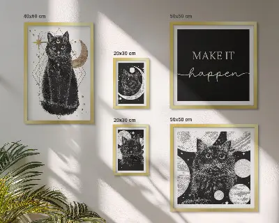 Lot de tableaux encadrés motif chats noirs style bohème